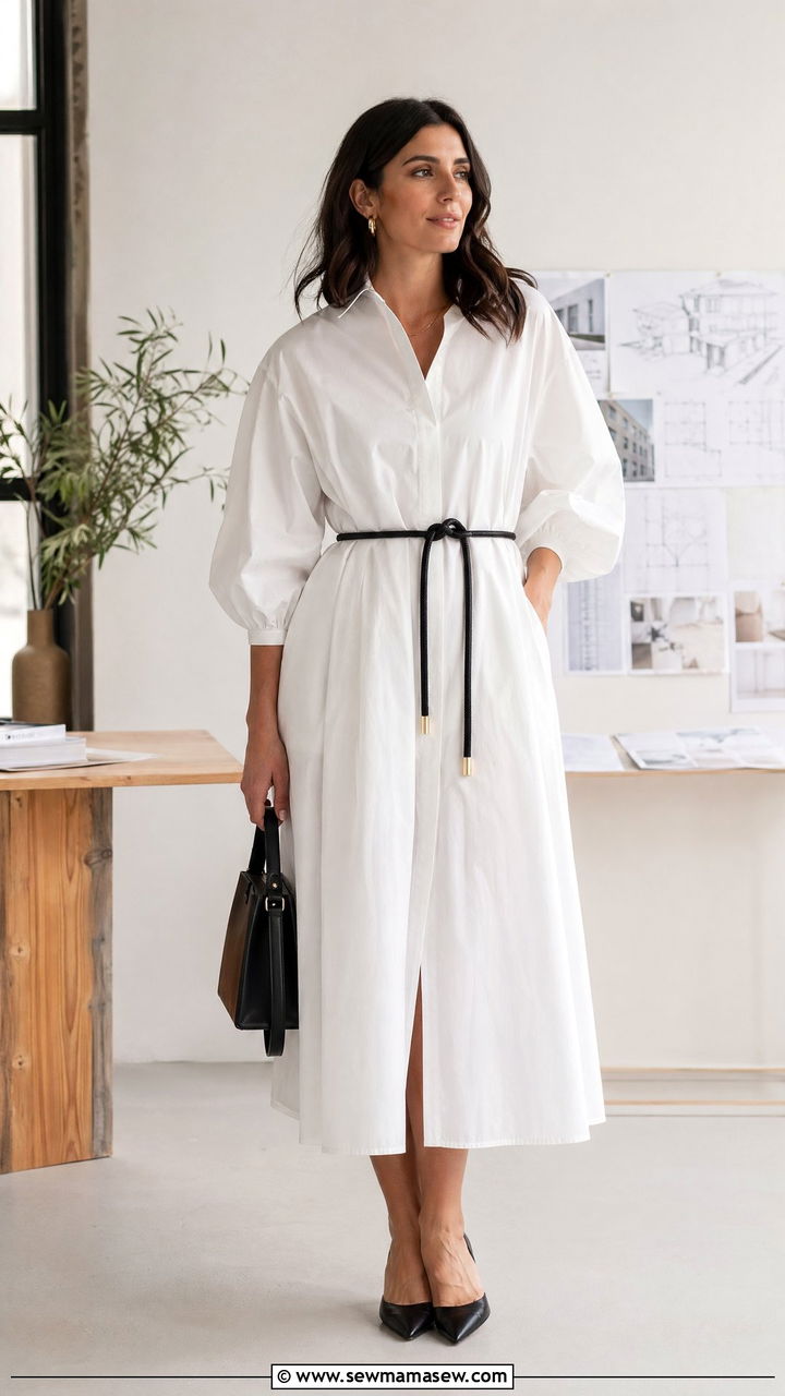 Architectural White Shirt Dress - 35 spring all white outfit ideas