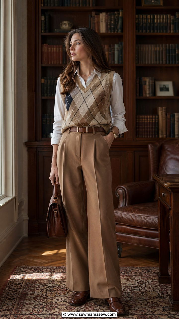 Argyle Knit Vest Over White Button Down With Wide Leg Trousers - 35 spring old money outfits