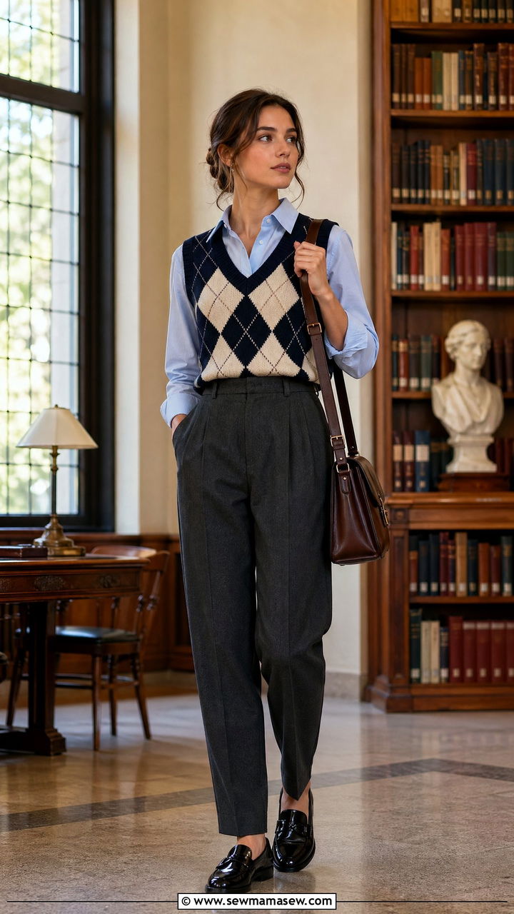Argyle Sweater Vest And Tailored Trousers - 35 Sweater vest outfit ideas