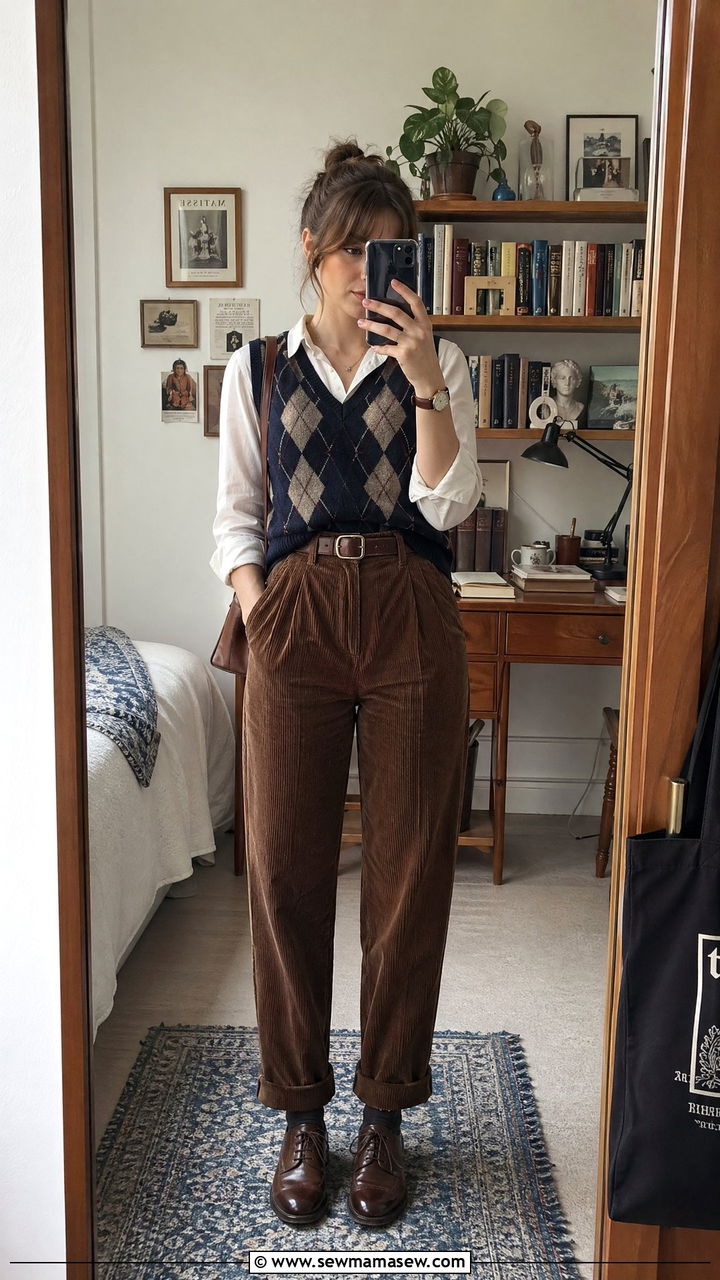 Argyle Sweater Vest Outfit With Button Down And Corduroys - 35 Dark academia outfit ideas