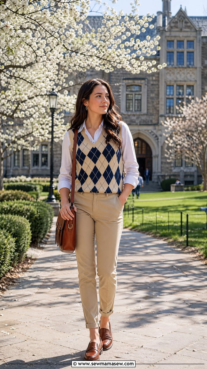 Argyle Sweater Vest With Chinos Preppy Spring Outfit - 35 spring preppy outfit ideas