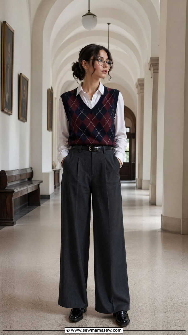 Argyle Sweater Vest and Crisp Shirt with High Waisted Trousers - 35 dark academia outfits