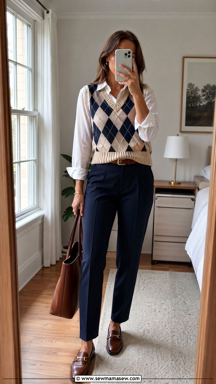 Argyle Sweater Vest with Button Down and Tailored Trousers - 35 spring preppy outfits