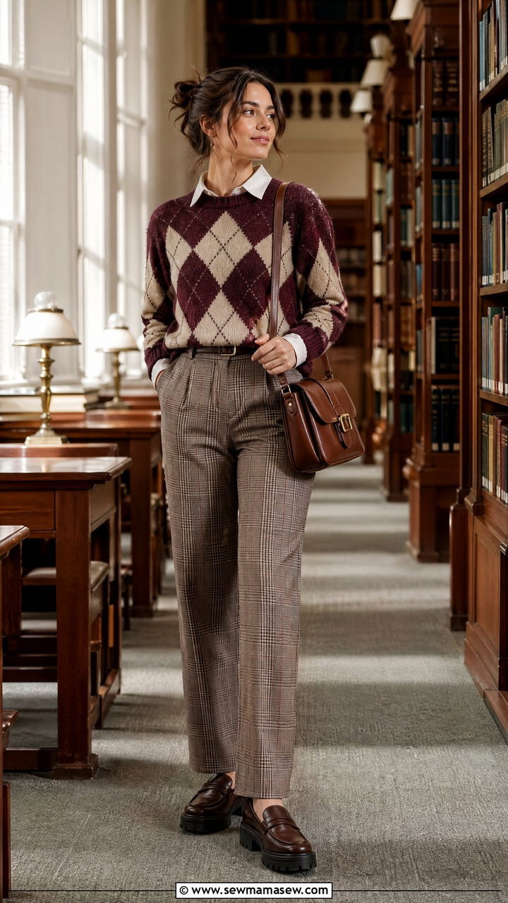 Argyle Sweater and Plaid Trousers Outfit - 35 cute back to school outfits