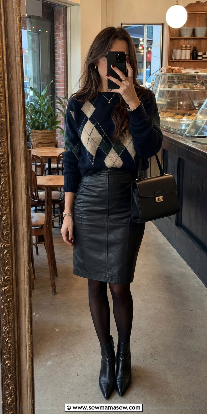 Argyle Sweater with Leather Pencil Skirt - 35 pencil skirt outfits for women