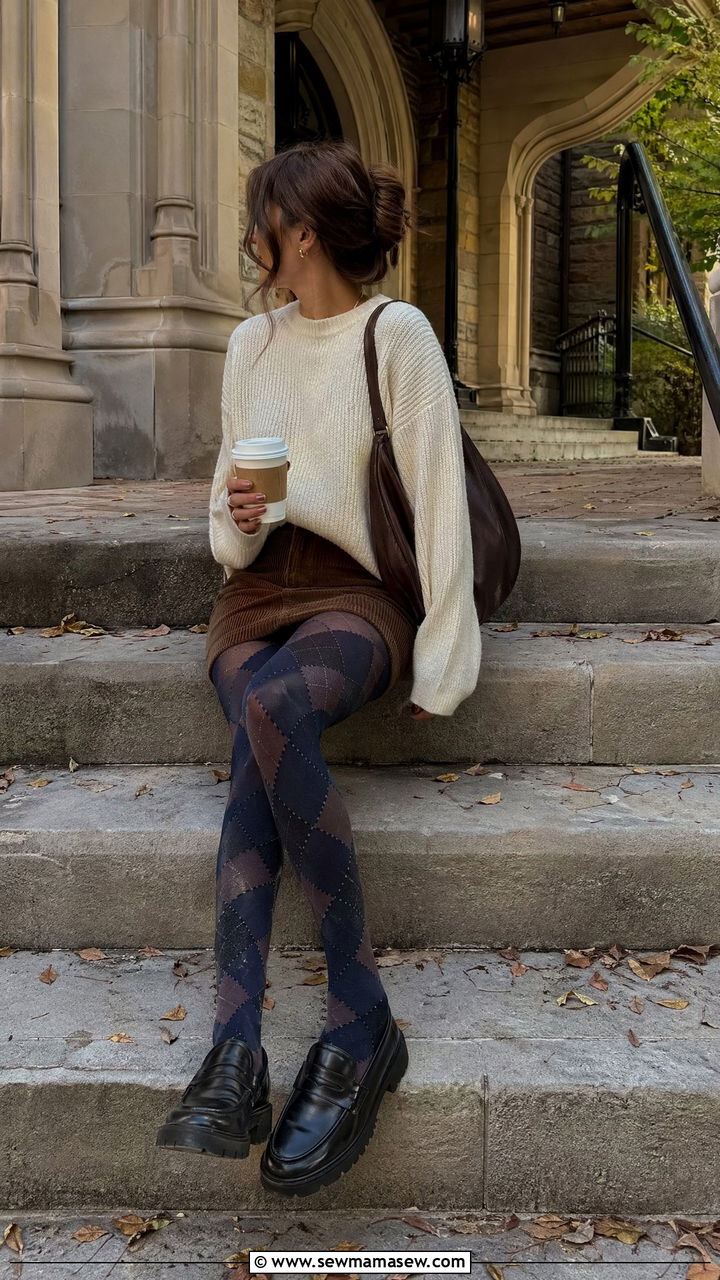 Argyle Tights Outfit With Mini Skirt And Oversized Sweater - 35 Dark academia outfit ideas