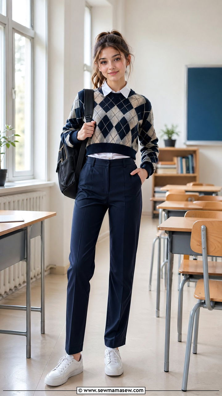 Argyle sweater and tailored trousers outfit - 35 cute school outfits