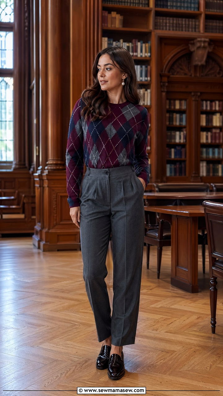Argyle sweater and tailored trousers outfit - 35 College campus outfit ideas