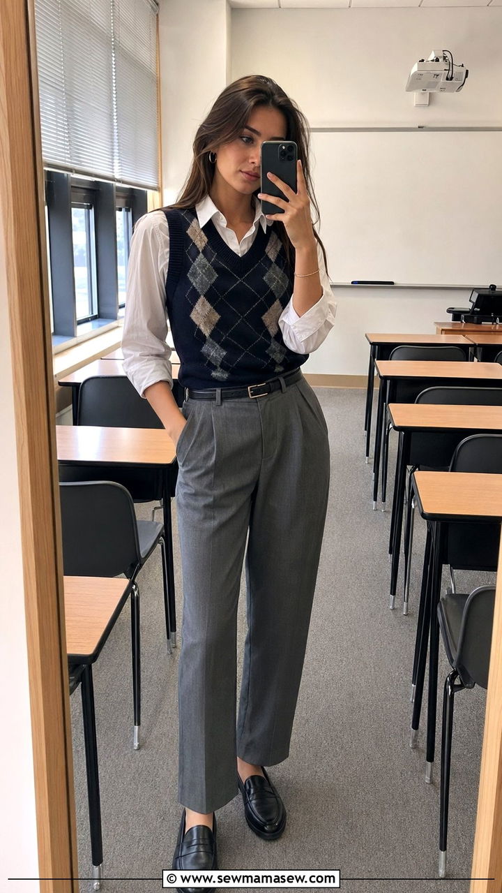 Argyle sweater vest over Oxford shirt outfit - 30 Back to school outfit ideas preppy 2026