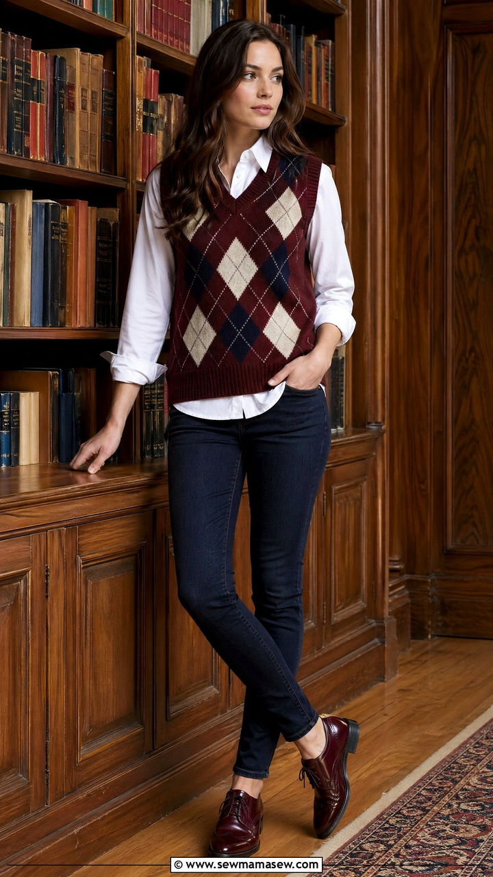 Argyle sweater vest with white button down and dark skinny jeans - 35 cute college outfits
