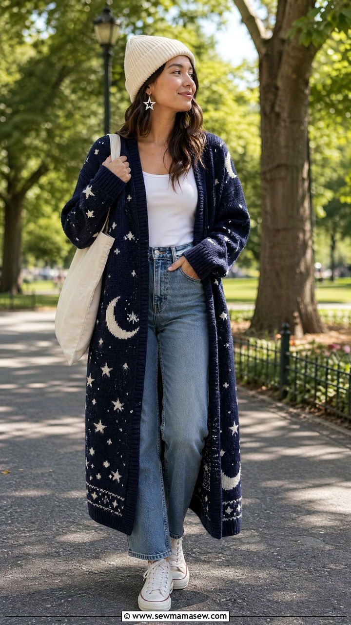Astral Patterned Cardigan Outfit - 35 celestial outfits for women