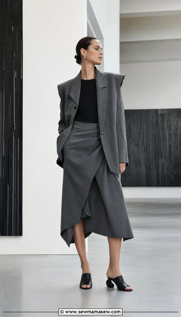 Asymmetric Blazer and Draped Skirt Set - 30 Blazer and skirt matching set outfit ideas