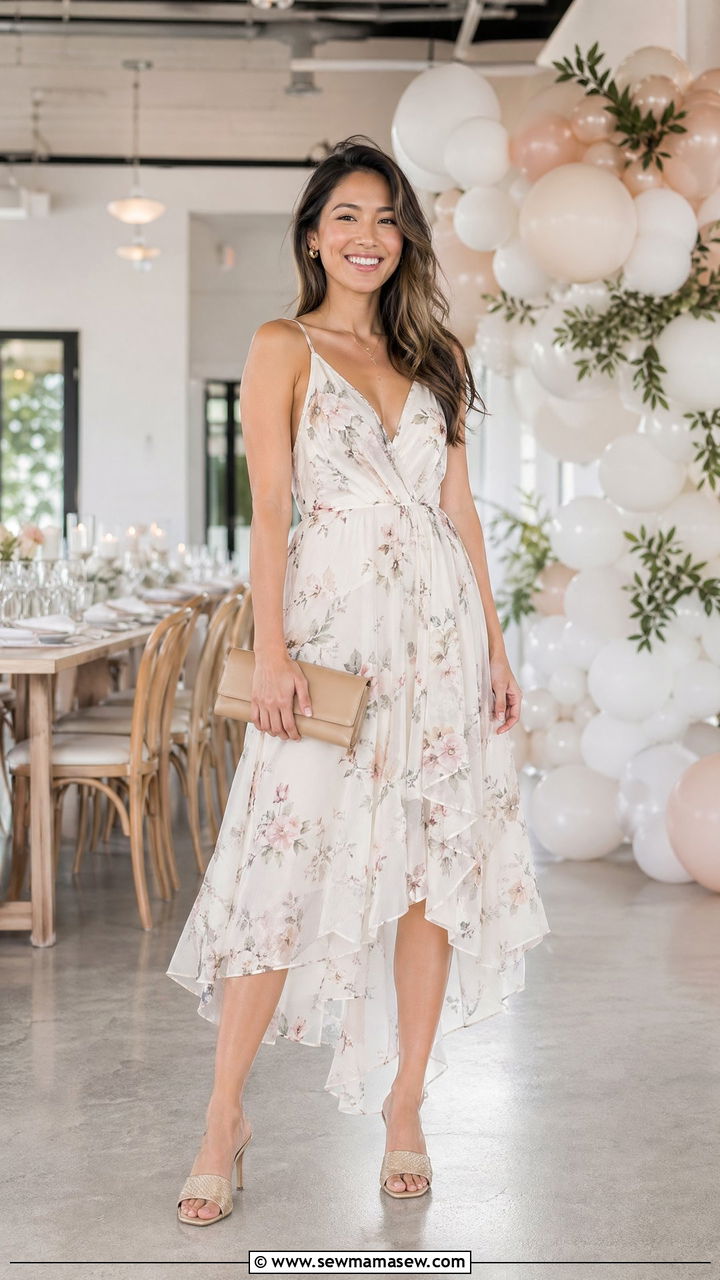 Asymmetric Hem Dress With Heeled Mules - 35 what to wear to a bridal shower