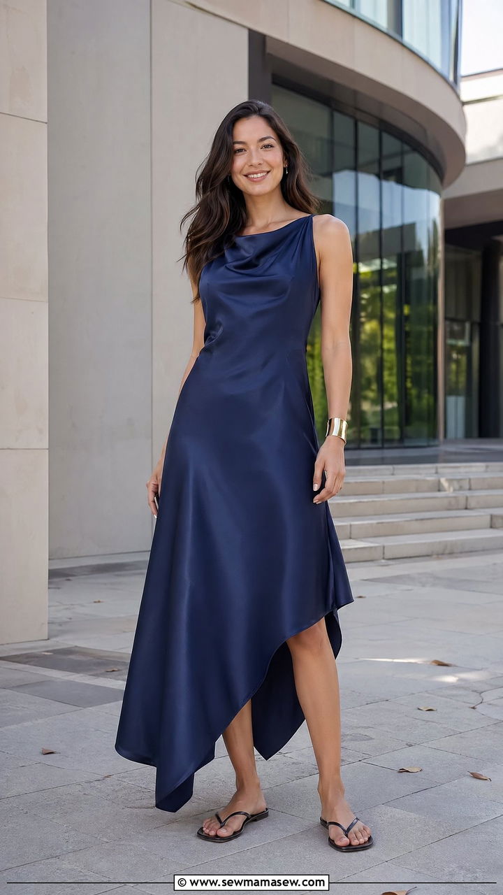 Asymmetric Hem Dress and Minimalist Sandals - 35 classy graduation outfits