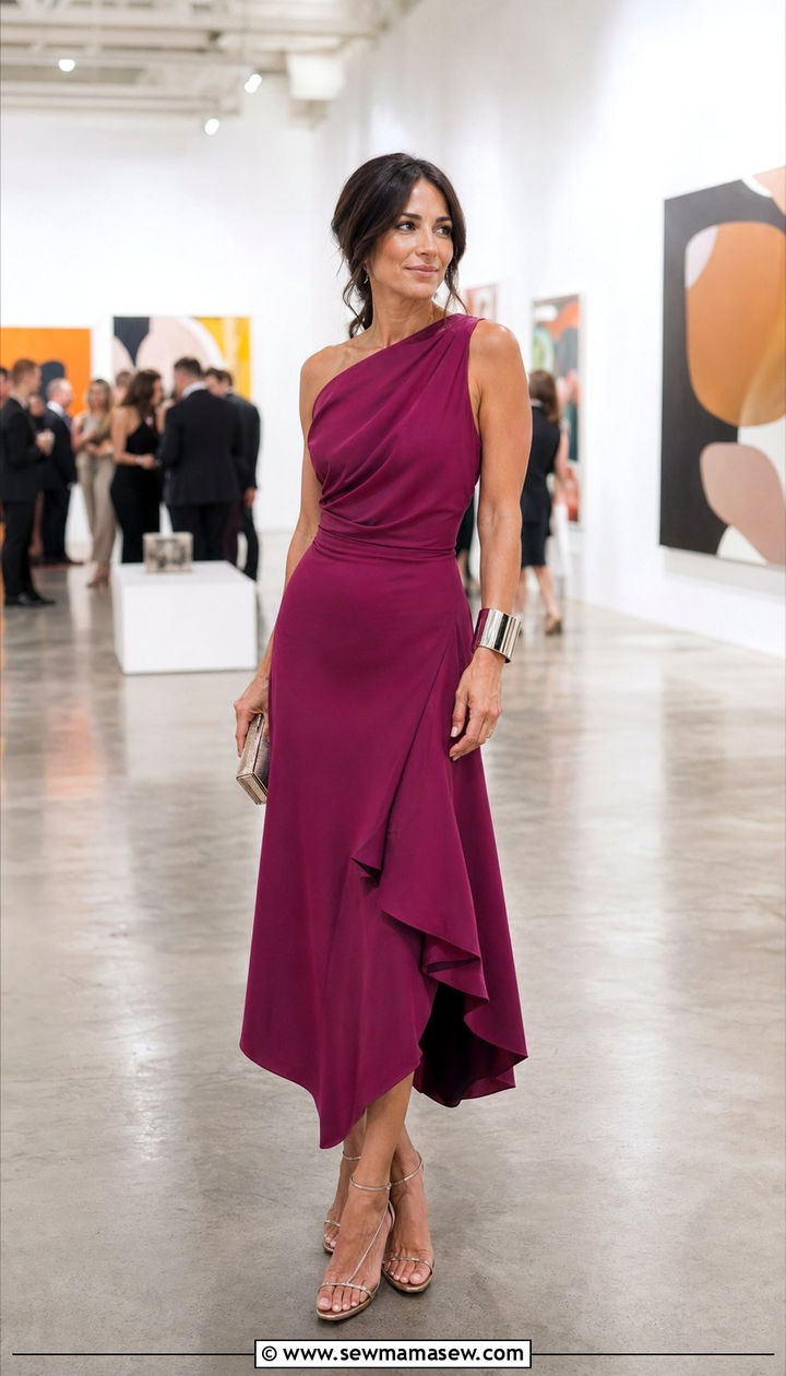 Asymmetric Midi Dress With Statement Cuff - 30 wedding guest outfits for women over 30