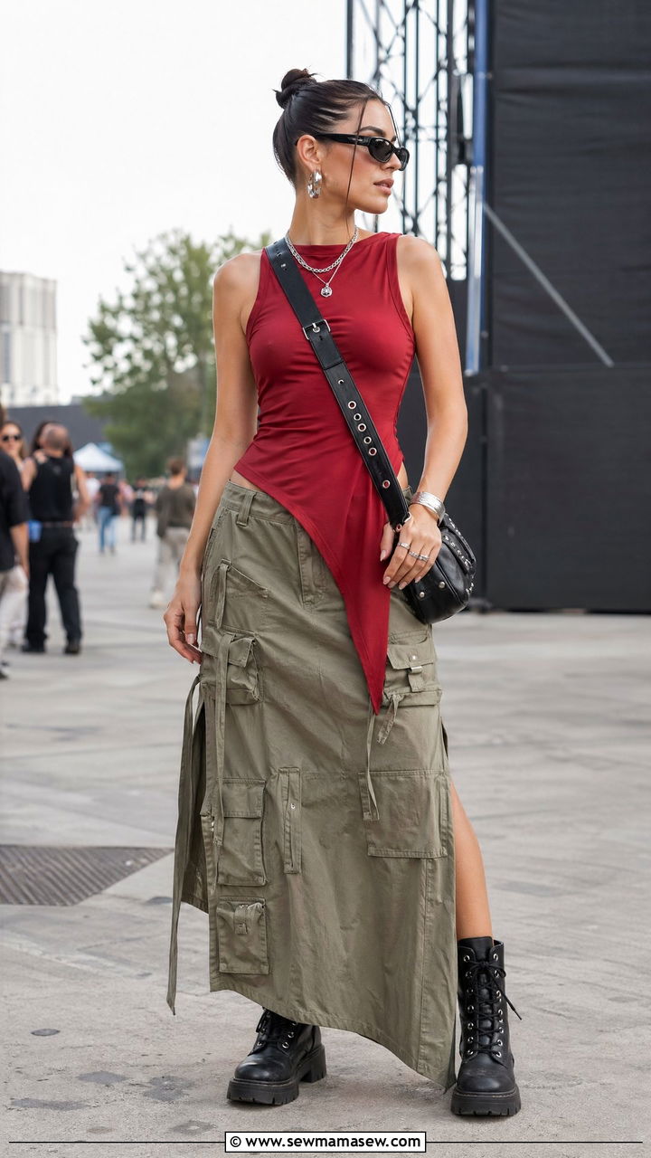 Asymmetric Tank Top With Cargo Maxi Skirt - 35 casual music festival outfits