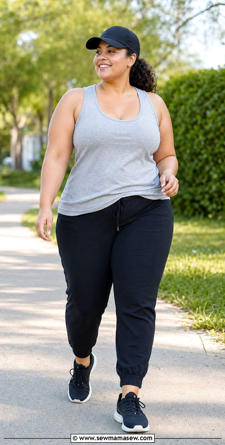Athleisure Joggers And Long Tank With Sneakers - 35 Plus size summer outfits