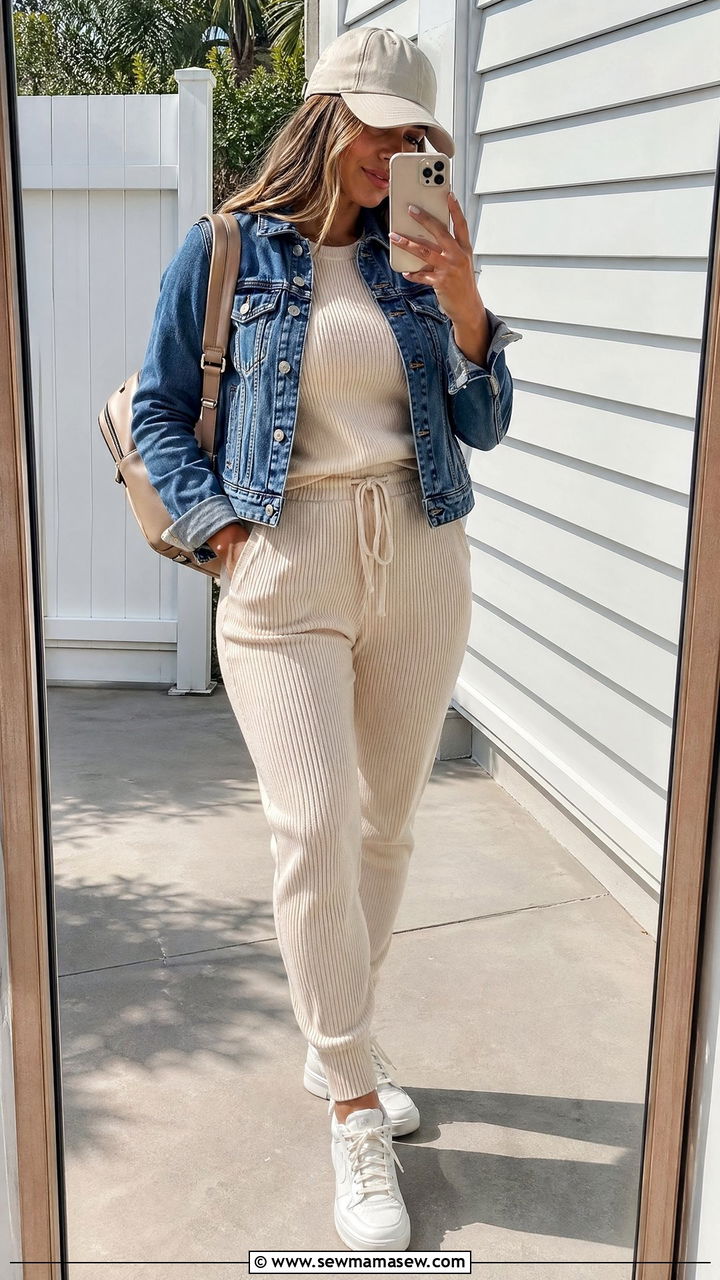 Athleisure Set With a Denim Jacket - 35 Spring outfits for busy moms