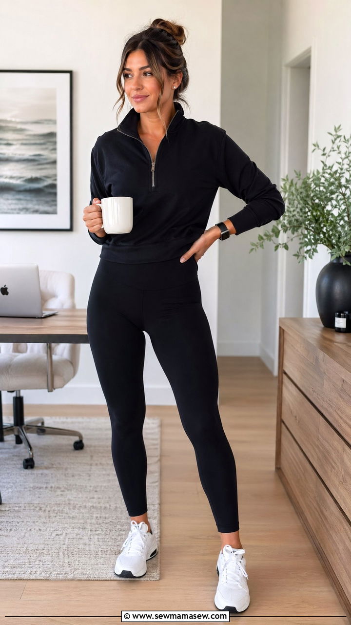 Athleisure halfzip pullover with leggings and sneakers - 35 Comfortable work from home outfits