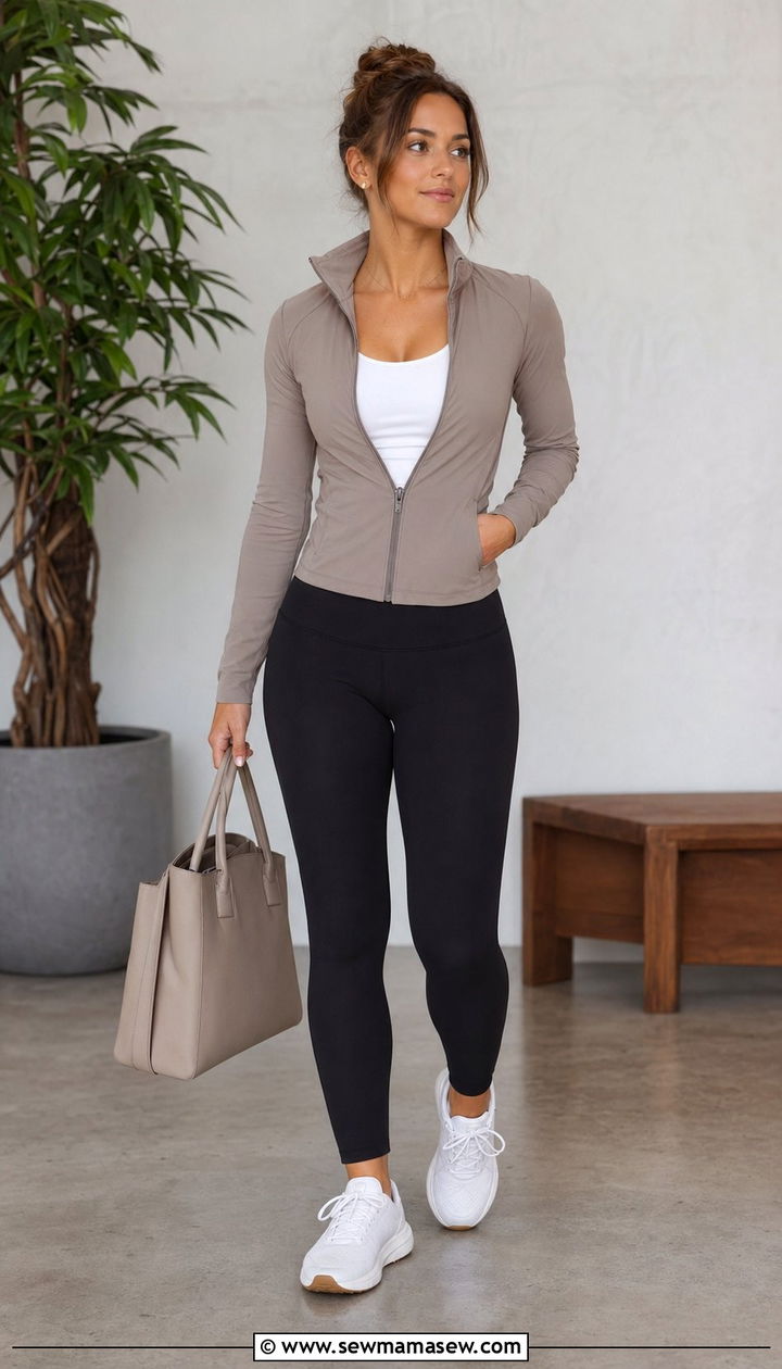 Athleisure outfit with leggings and zip up jacket - 35 Outfit ideas for moms