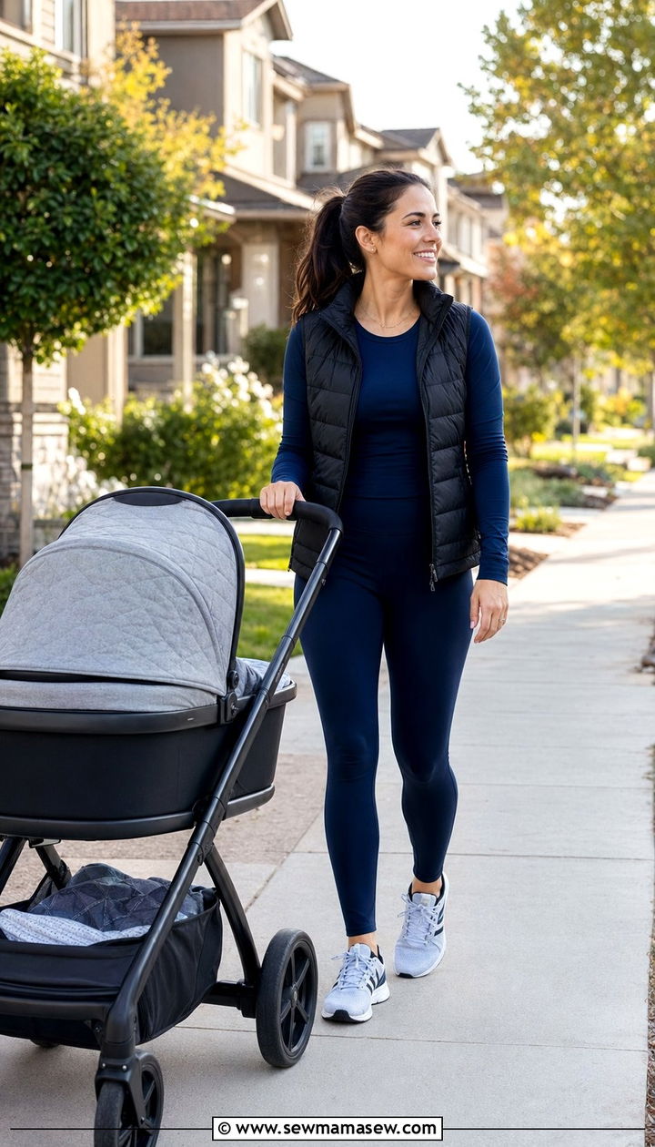 Athleisure set and puffer vest outfit - 35 Outfit ideas for new moms