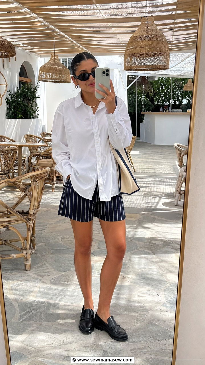 Athletic Shorts with Button Down Shirt and Loafers Outfit - 35 sporty chic outfits