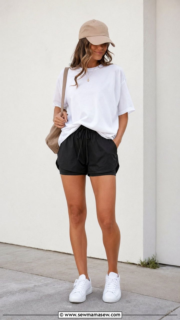 Athletic Shorts with Oversized Tee and French Tuck - 30 80 degree weather outfits