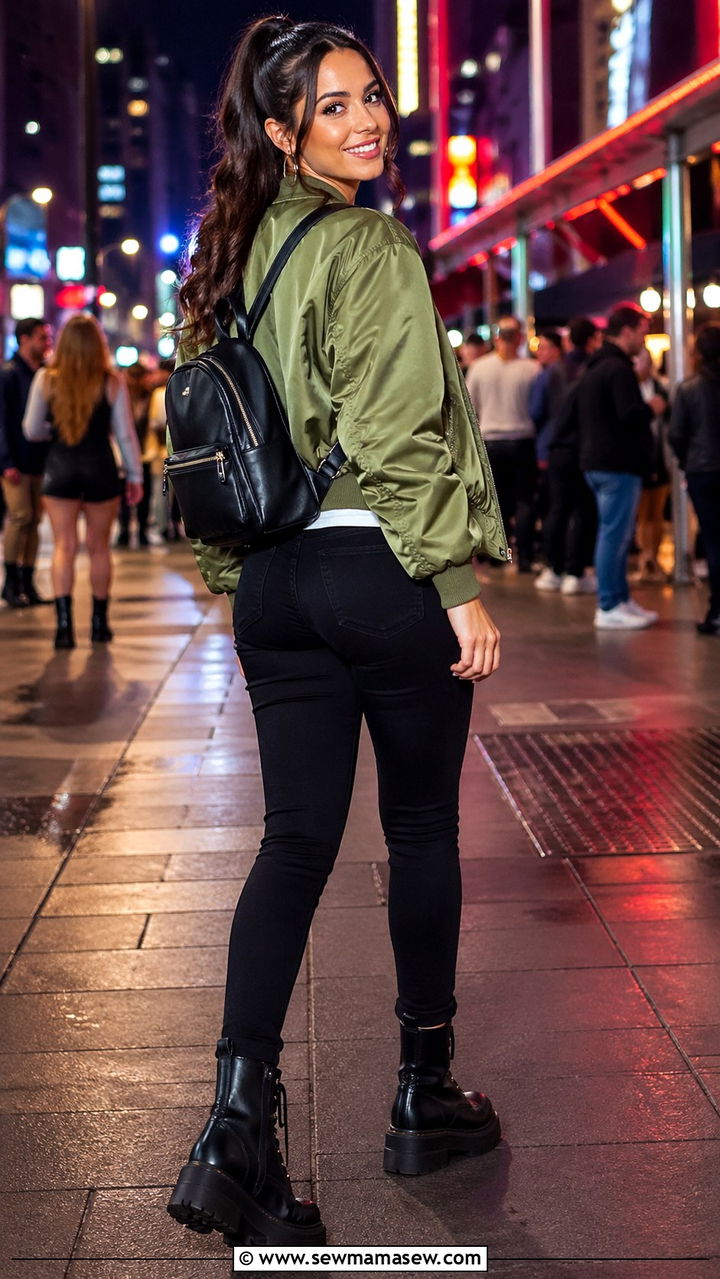 Avocado Green Bomber Jacket With Black Jeans - 30 spring avocado green outfit ideas