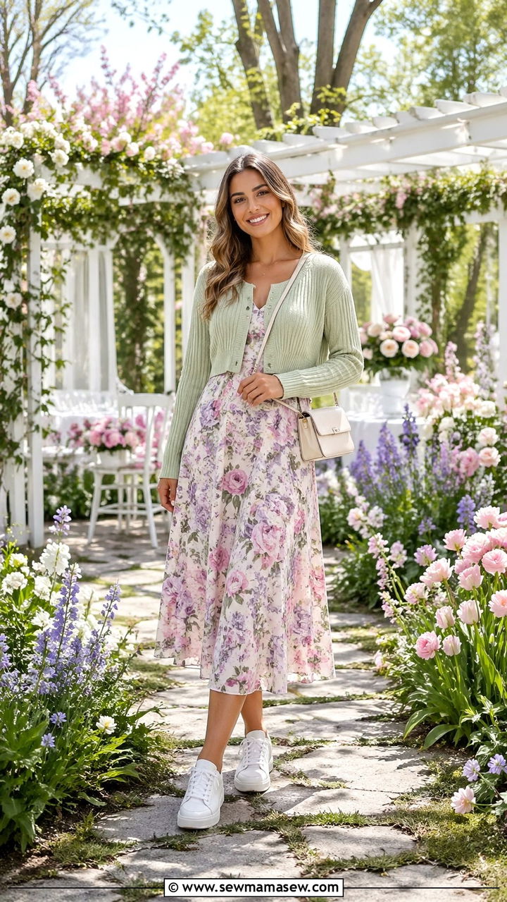 Avocado Green Cardigan Over a Floral Dress - 30 spring avocado green outfit ideas