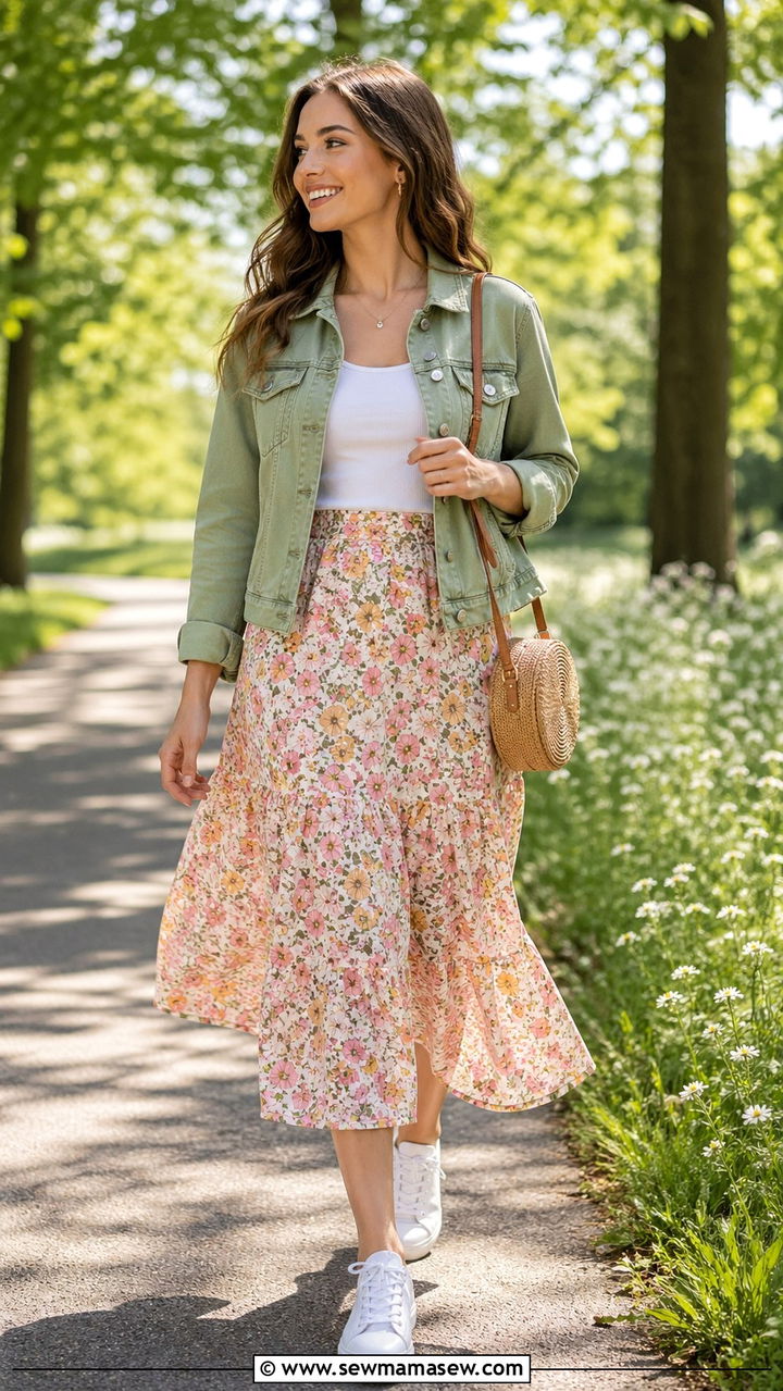 Avocado Green Denim Jacket Over a Floral Midi Skirt - 30 spring avocado green outfit ideas