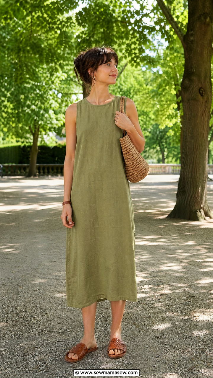 Avocado Green Linen Dress With Woven Accessories - 35 summer french girl outfit ideas