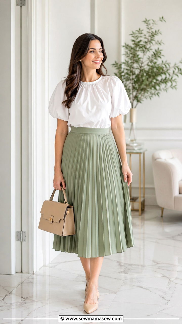 Avocado Green Pleated Skirt With Tucked Blouse - 30 spring avocado green outfit ideas