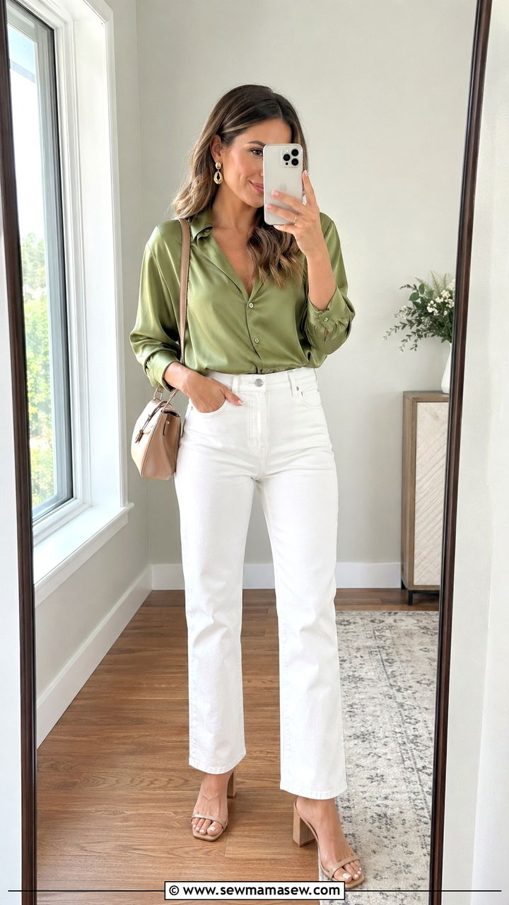 Avocado Green Satin Blouse With White Jeans - 30 spring avocado green outfit ideas