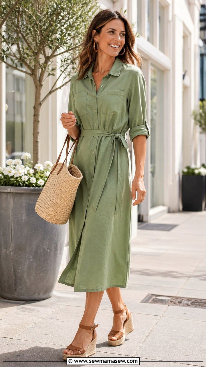 Avocado Green Shirt Dress With Espadrilles - 30 spring avocado green outfit ideas
