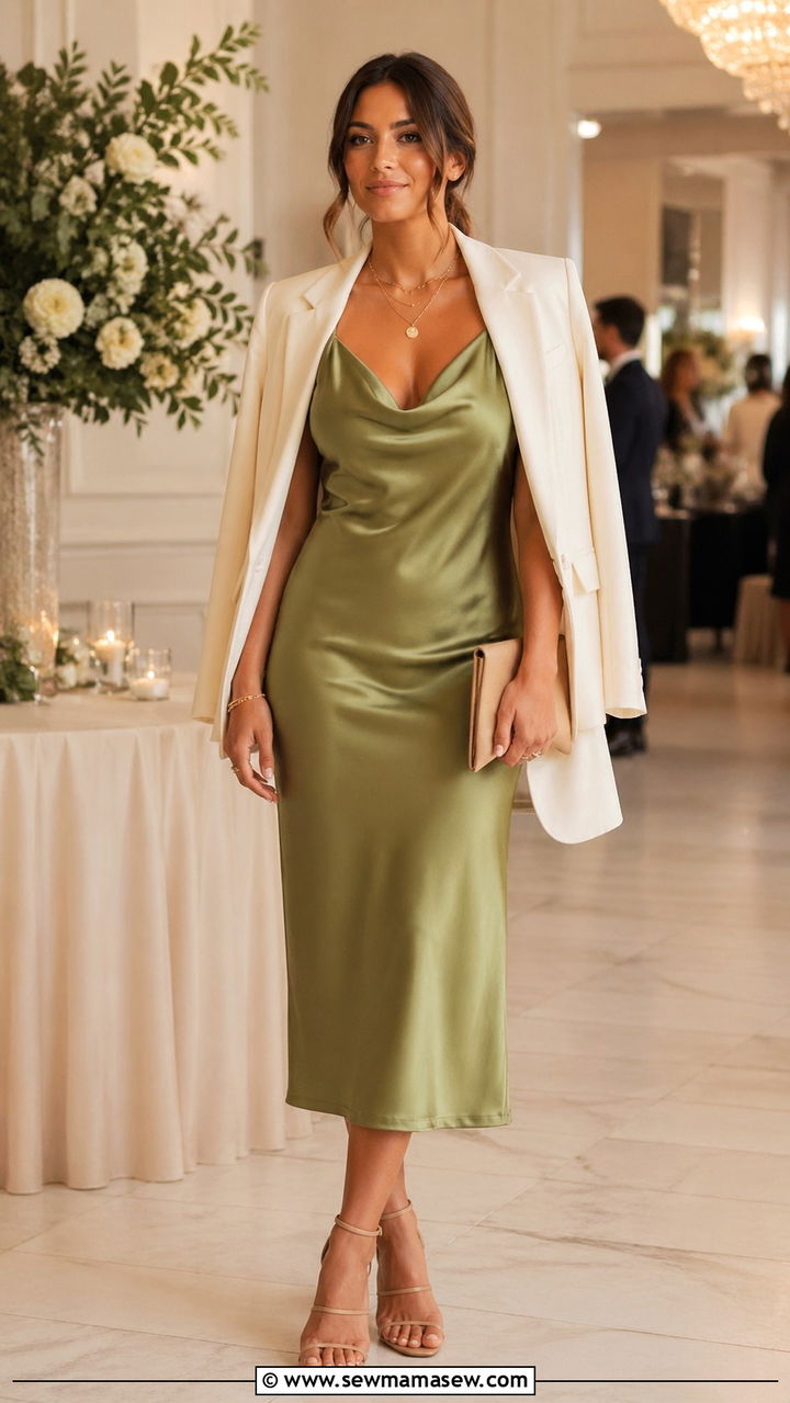 Avocado Green Slip Dress With Layered Necklaces - 30 spring avocado green outfit ideas