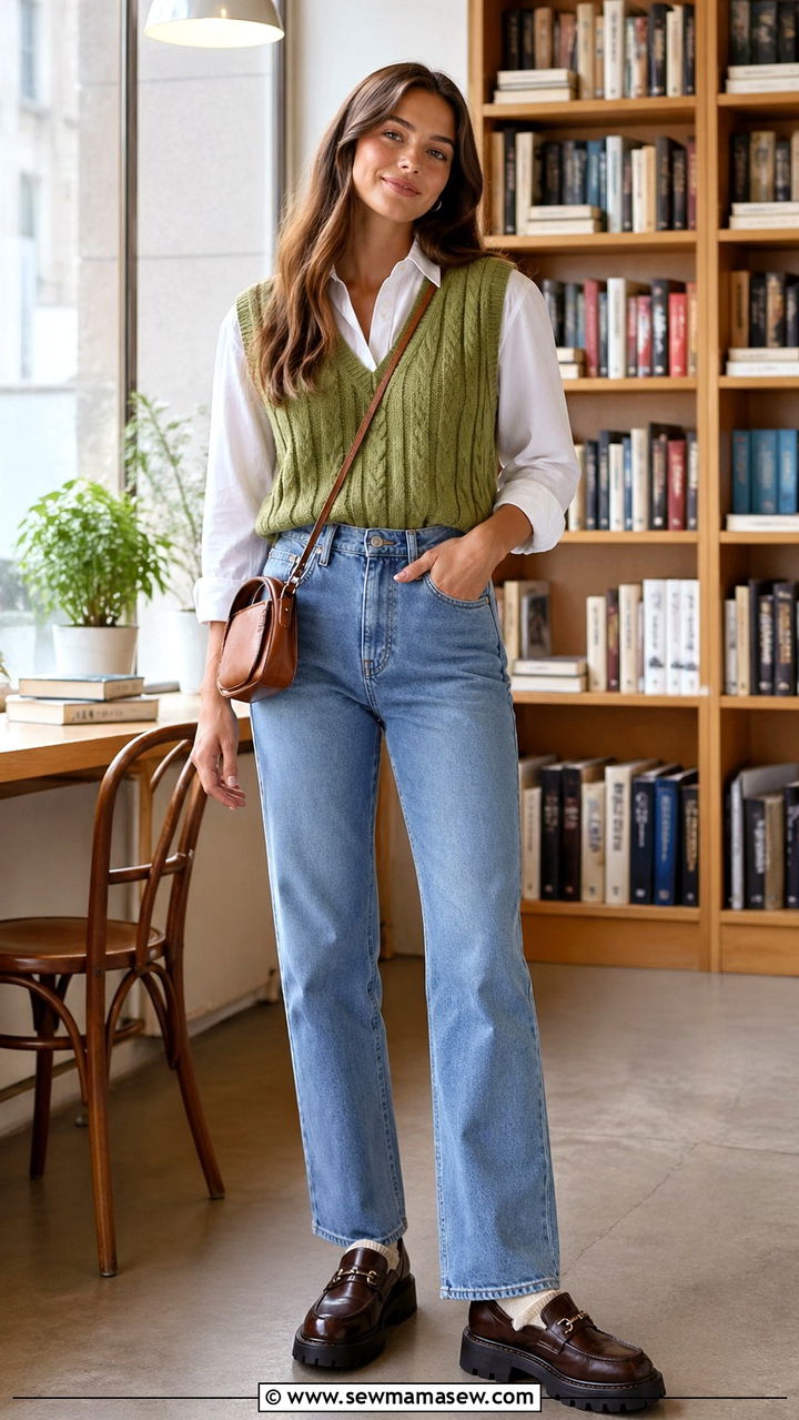 Avocado Green Sweater Vest With Collared Shirt - 30 spring avocado green outfit ideas