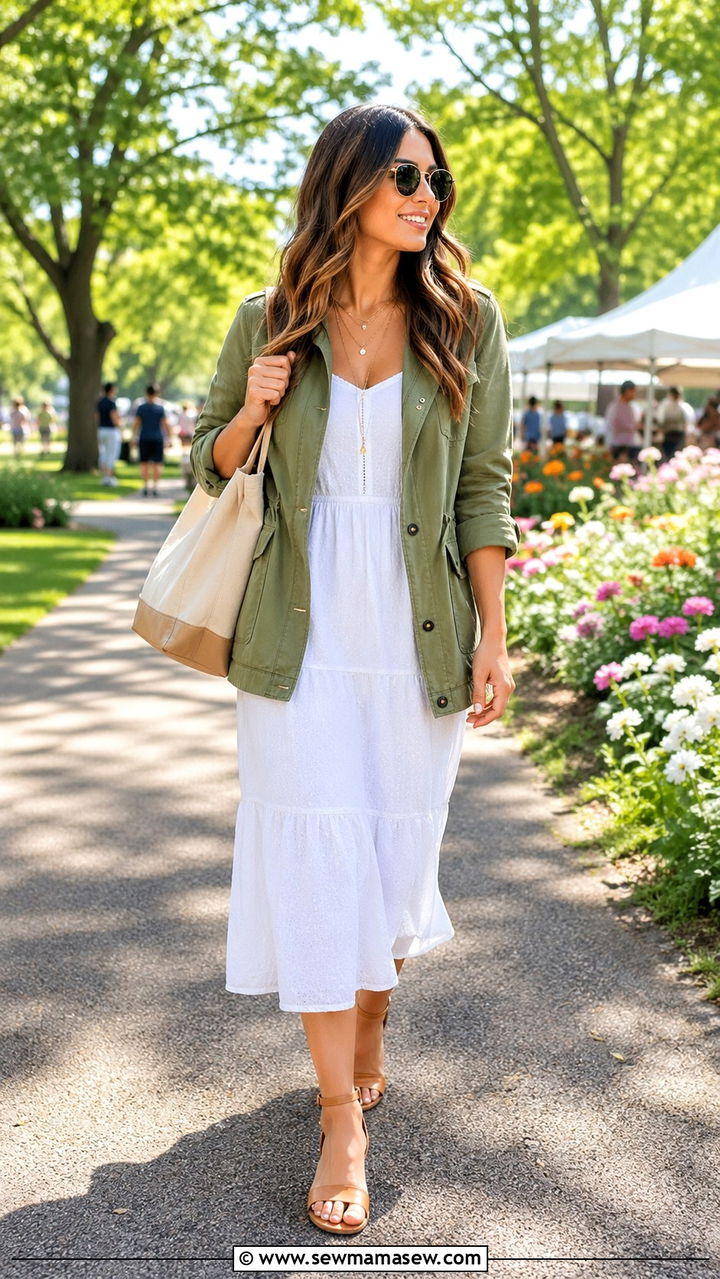 Avocado Green Utility Jacket Over a White Dress - 30 spring avocado green outfit ideas