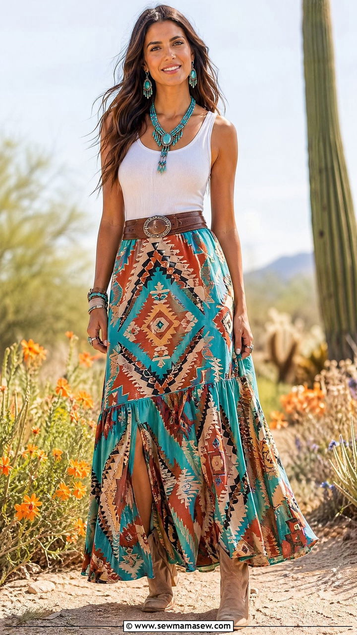Aztec print maxi skirt with solid tank top - 35 Western spring outfits
