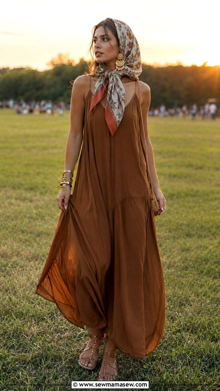 Babushka Scarf And Flowy Maxi Dress Outfit - 35 Music festival outfit ideas 2026