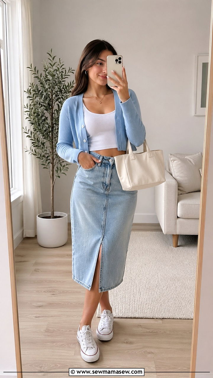 Baby Blue Cardigan with Denim Skirt Outfit - 30 spring baby blue outfit ideas
