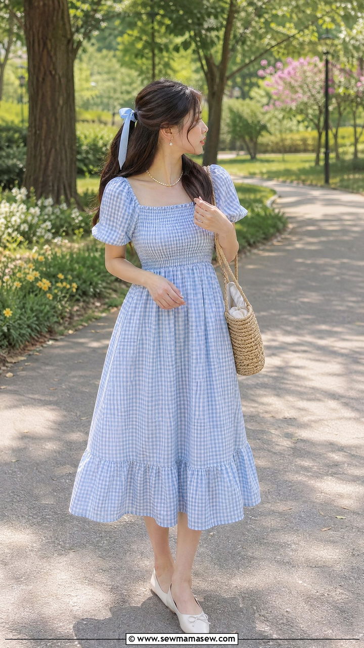 Baby Blue Gingham Dress with White Ballet Flats - 35 Soft girl outfit ideas