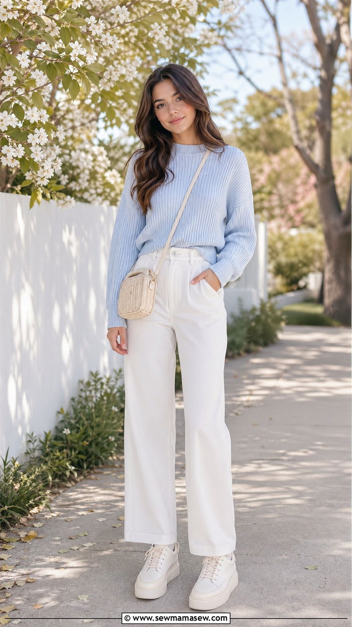 Baby Blue Knit Sweater with White Wide Leg Pants - 35 Soft girl outfit ideas