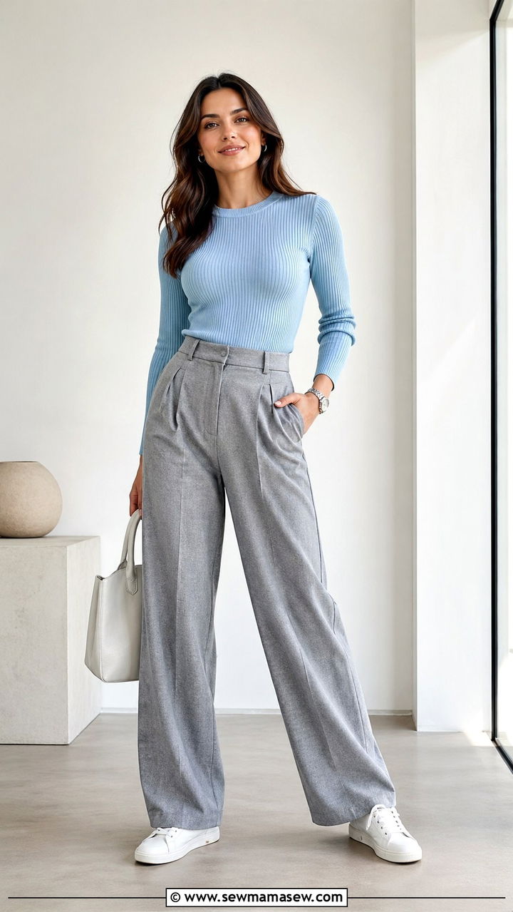 Baby Blue Knit Top with Gray Wide Leg Pants Outfit - 30 spring baby blue outfit ideas