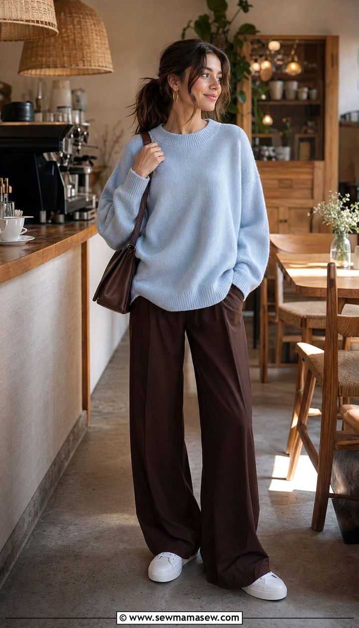 Baby Blue Oversized Sweater With Brown Trousers Spring Outfit - 35 Pastel spring outfits
