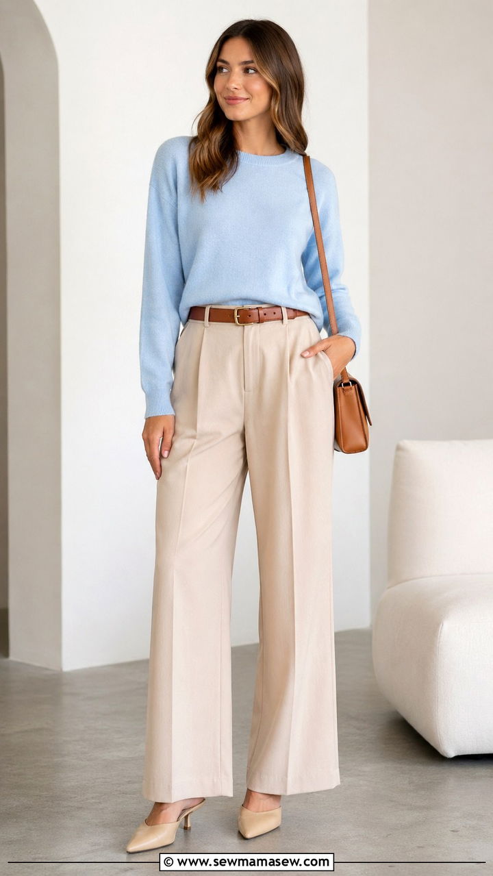 Baby Blue Sweater with Beige Trousers Outfit - 30 spring baby blue outfit ideas