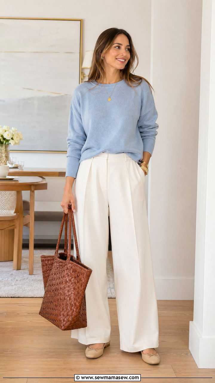 Baby Blue Sweater with Cream Trousers - 35 cute outfit ideas for women