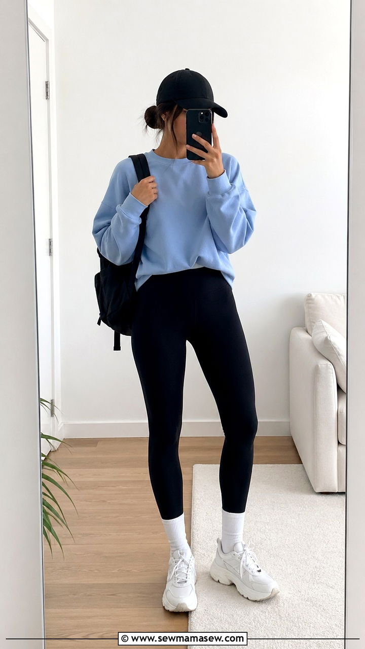 Baby Blue Sweatshirt with Leggings Casual Outfit - 30 spring baby blue outfit ideas
