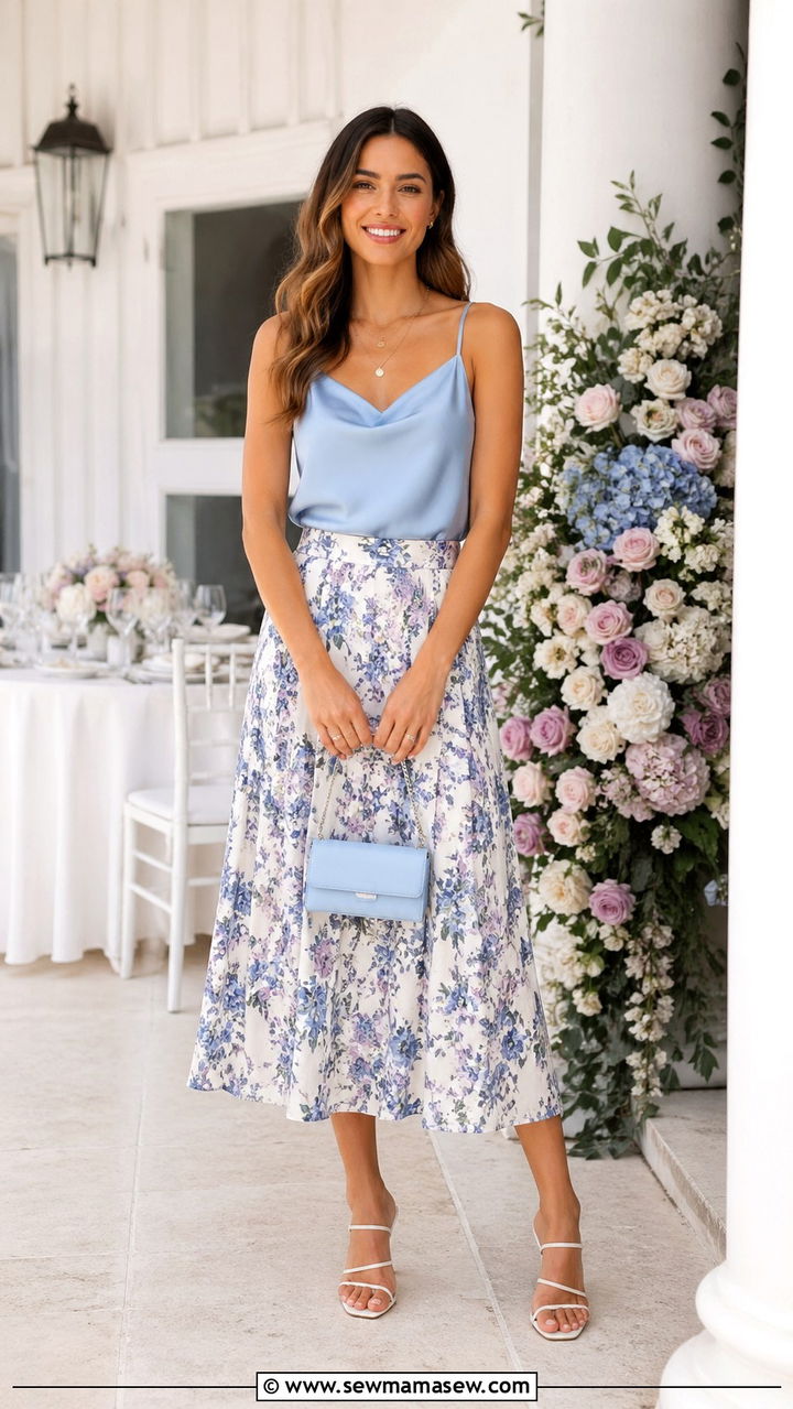 Baby Blue Tank Top with Printed Midi Skirt Outfit - 30 spring baby blue outfit ideas