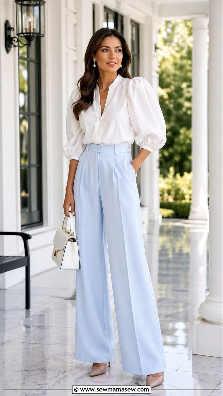 Baby Blue Trousers with White Blouse Outfit - 30 spring baby blue outfit ideas