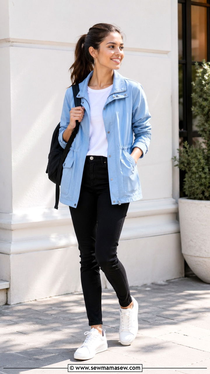 Baby Blue Utility Jacket with Black Jeans Outfit - 30 spring baby blue outfit ideas